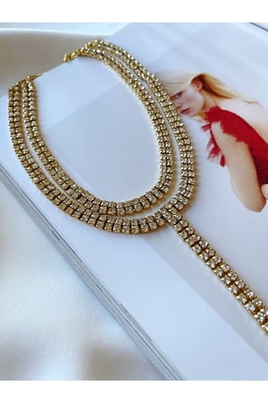Eva Zirkon Taşlı 2li Choker Tasma Kolye Gold
