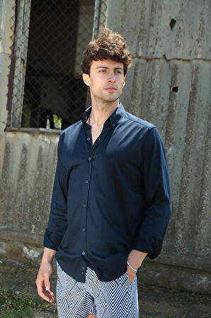 Lacivert Merserize Penye Pamuk Gömlek