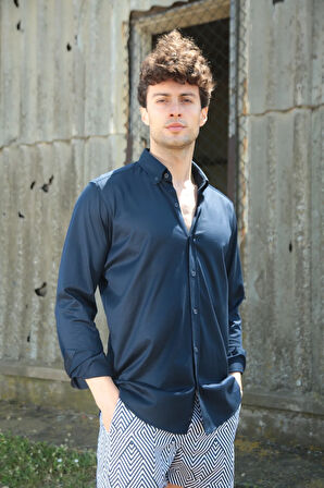 Lacivert Merserize Penye Pamuk Gömlek