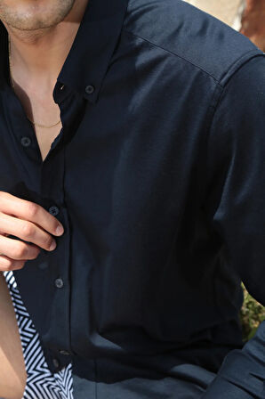 Lacivert Merserize Penye Pamuk Gömlek