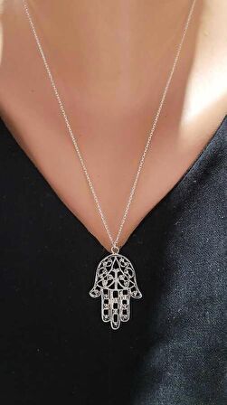 925 Ayar Gümüş Desenli Fatma Ana Eli Kolye