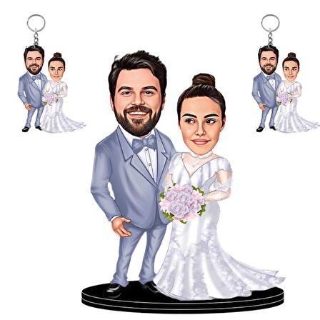 Kişiye Özel Gelin Damat1 3D Ahşap Biblo + 2 Adet Anahtarlık Hediyeli Sevgiliye Hediye