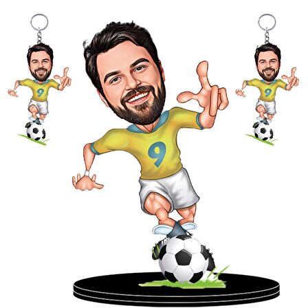 Kişiye Özel Futbolcu Bay Figürlü +2 Adet Anahtarlık Hediyeli  3D Ahşap Biblo,Sevgiliye Hediye