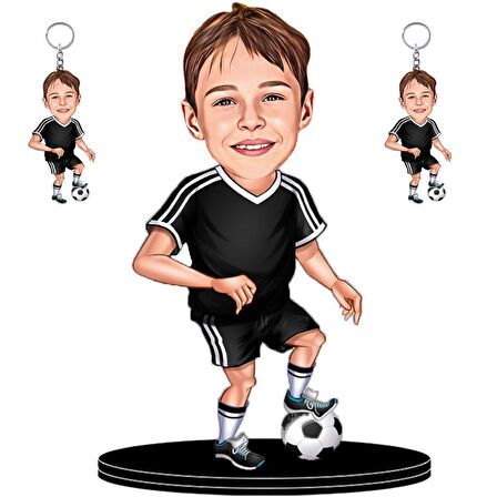 Kişiye Özel Futbolcu Çocuk Figürlü +2 Adet Anahtarlık Hediyeli  3D Ahşap Biblo,Sevgiliye Hediye