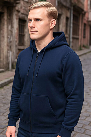 Lacivert Kapşonlu Fermuarlı Sweatshirt