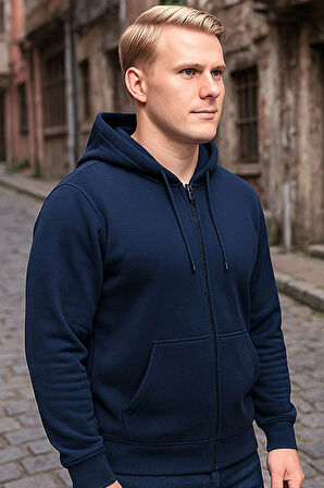 Lacivert Kapşonlu Fermuarlı Sweatshirt