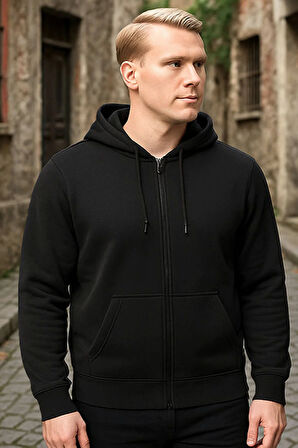 Siyah Kapşonlu Fermuarlı Sweatshirt
