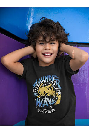 Tasarım Pokemon Pikaçu Baskılı Unisex Çizgi Film Çocuk Tişört (1-12 YAŞ)