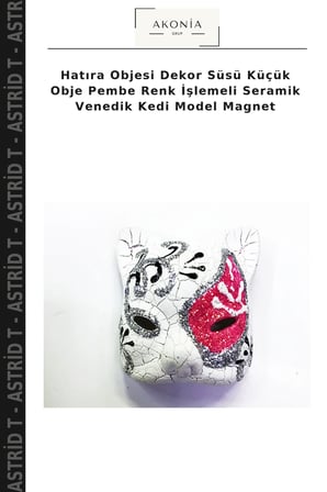 Hatıra Objesi Dekor Süsü Küçük Obje Pembe Renk İşlemeli Seramik Venedik Kedi Model Magnet