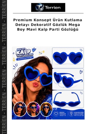 Premium Konsept Ürün Kutlama Detayı Dekoratif Gözlük Mega Boy Mavi Kalp Parti Gözlüğü