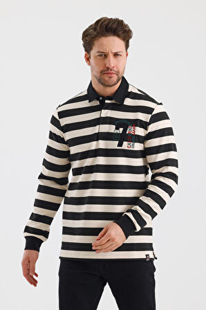 ALEXANDERGARDI POLO YAKA NAKIŞ APLİKELİ ÇİZGİLİ REGULAR FİT SWEATSHIRT (WK25214)