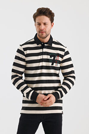 ALEXANDERGARDI POLO YAKA NAKIŞ APLİKELİ ÇİZGİLİ REGULAR FİT SWEATSHIRT (WK25214)