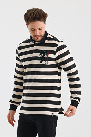 ALEXANDERGARDI POLO YAKA NAKIŞ APLİKELİ ÇİZGİLİ REGULAR FİT SWEATSHIRT (WK25214)