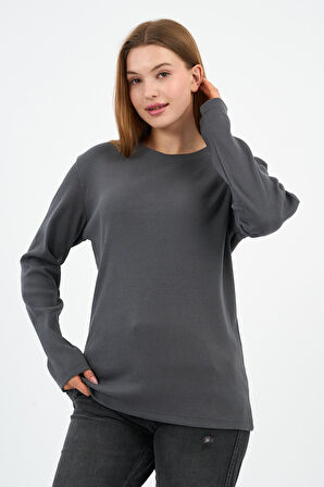Bisiklet Yaka Likralı Uzun Kollu Kaşkorse Sweatshirt (WK25588)