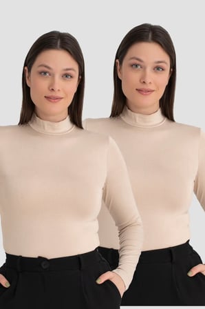 Premium Rahat Tekstil Trend Kadın Ten Balıkçı Yaka Uzun Kollu Body 2'li Paket