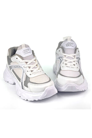 Kadın Beyaz Gümüş Hafif Fileli Günlük Rahat Sneaker Spor Ayakkabı
