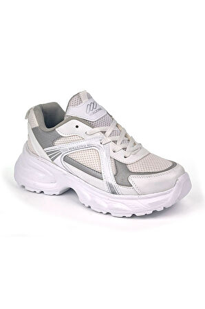 Kadın Beyaz Gümüş Hafif Fileli Günlük Rahat Sneaker Spor Ayakkabı