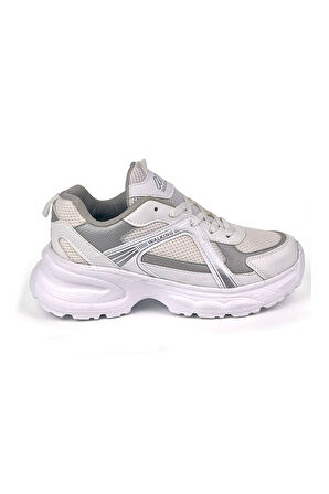 Kadın Beyaz Gümüş Hafif Fileli Günlük Rahat Sneaker Spor Ayakkabı