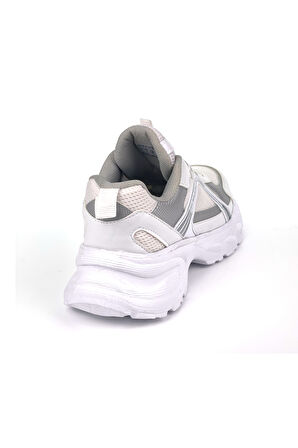 Kadın Beyaz Gümüş Hafif Fileli Günlük Rahat Sneaker Spor Ayakkabı