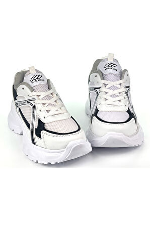 Kadın Beyaz Siyah Hafif Fileli Günlük Rahat Sneaker Spor Ayakkabı
