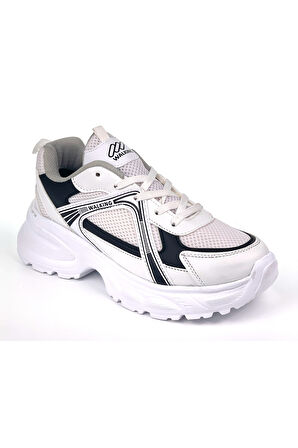 Kadın Beyaz Siyah Hafif Fileli Günlük Rahat Sneaker Spor Ayakkabı