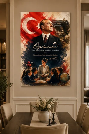 Atatürk ve Öğretmen Temalı Baskılı Cam Tablo – UV Baskı Dekoratif Duvar Tablosu