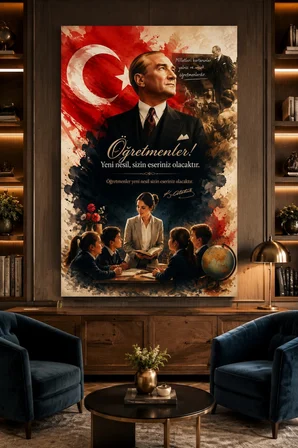 Atatürk ve Öğretmen Temalı Baskılı Cam Tablo – UV Baskı Dekoratif Duvar Tablosu