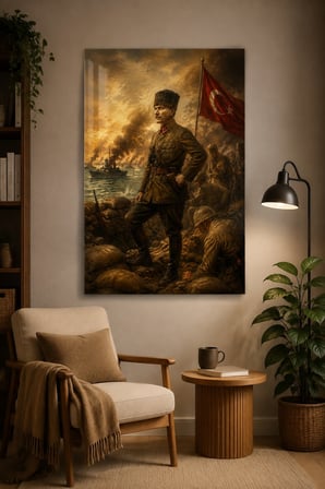 Atatürk ve Türk Bayrağı Temalı Baskılı Cam Tablo – UV Baskı Dekoratif Duvar Tablosu