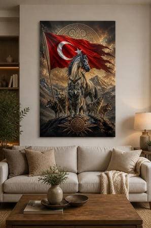 Türk Bayrağı Kurt ve At Figürlü Baskılı Cam Tablo – Türk Motifli Duvar Dekoru