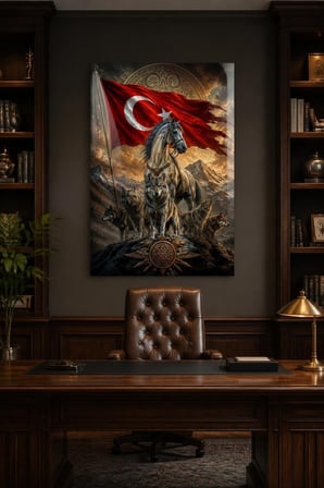 Türk Bayrağı Kurt ve At Figürlü Baskılı Cam Tablo – Türk Motifli Duvar Dekoru