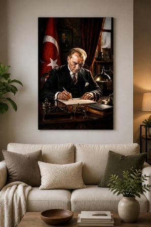 Atatürk Çalışma Masasında Baskılı Cam Tablo – UV Baskı Dekoratif Duvar Tablosu
