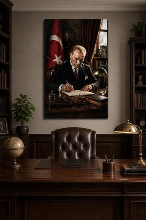 Atatürk Çalışma Masasında Baskılı Cam Tablo – UV Baskı Dekoratif Duvar Tablosu