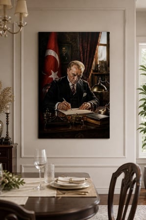 Atatürk Çalışma Masasında Baskılı Cam Tablo – UV Baskı Dekoratif Duvar Tablosu