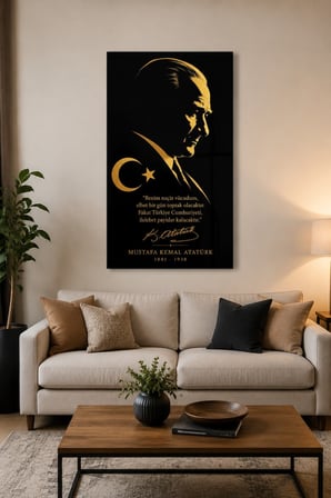 Atatürk Silüetli Baskılı Cam Tablo – Siyah Altın Dekoratif Duvar Tablosu