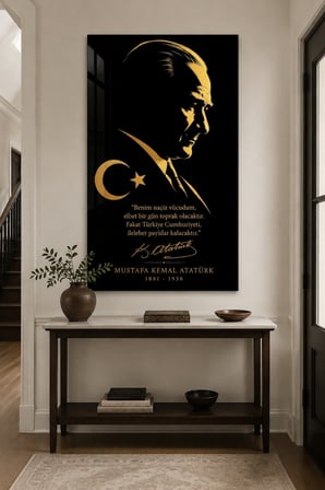 Atatürk Silüetli Baskılı Cam Tablo – Siyah Altın Dekoratif Duvar Tablosu