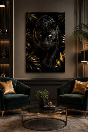 Siyah Panter Baskılı Cam Tablo – Altın Detaylı Modern Duvar Dekoru