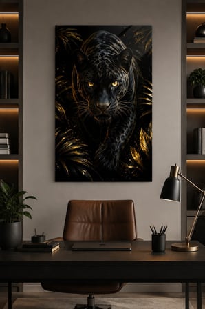 Siyah Panter Baskılı Cam Tablo – Altın Detaylı Modern Duvar Dekoru