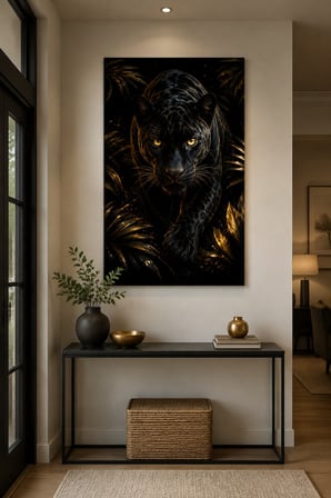 Siyah Panter Baskılı Cam Tablo – Altın Detaylı Modern Duvar Dekoru