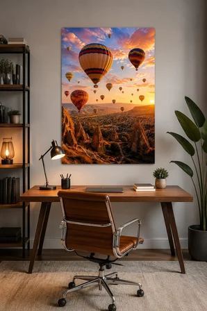Kapadokya Balon Manzaralı Baskılı Cam Tablo – Dekoratif Duvar Tablosu