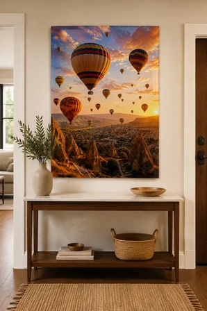 Kapadokya Balon Manzaralı Baskılı Cam Tablo – Dekoratif Duvar Tablosu