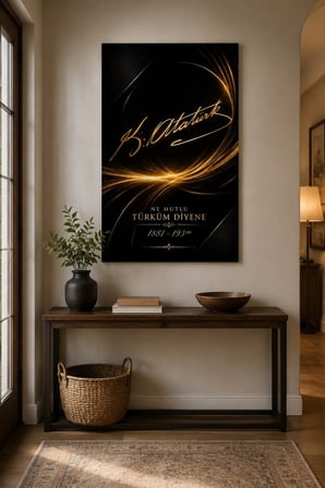 Atatürk İmzalı Baskılı Cam Tablo – Premium Altın Detaylı Duvar Dekoru