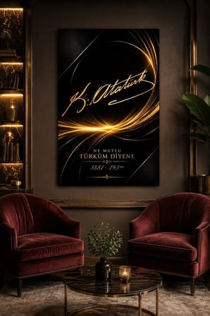 Atatürk İmzalı Baskılı Cam Tablo – Premium Altın Detaylı Duvar Dekoru