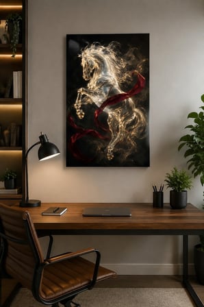 Kristal At Figürlü Baskılı Cam Tablo – Lüks Dekoratif Duvar Tablosu