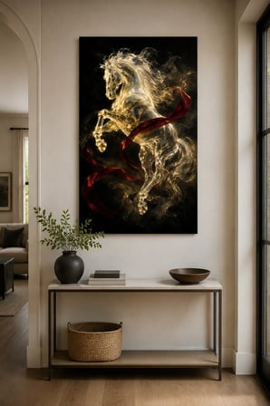 Kristal At Figürlü Baskılı Cam Tablo – Lüks Dekoratif Duvar Tablosu