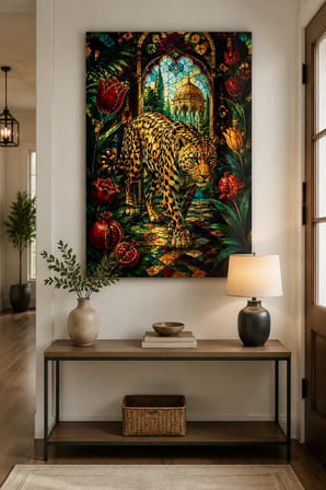 Leopar Desenli Baskılı Cam Tablo – Vitray Stil Dekoratif Duvar Tablosu