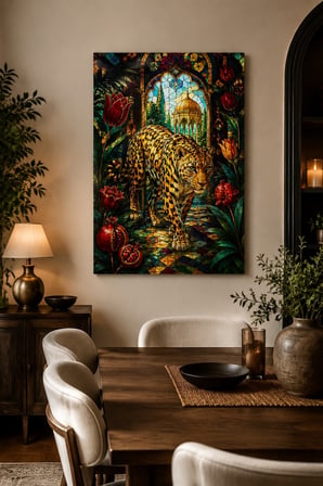 Leopar Desenli Baskılı Cam Tablo – Vitray Stil Dekoratif Duvar Tablosu