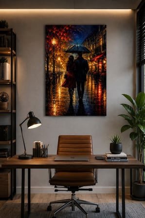 Yağmurlu Sokak Aşkı Baskılı Cam Tablo – Romantik Duvar Dekoru
