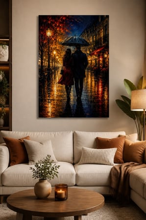 Yağmurlu Sokak Aşkı Baskılı Cam Tablo – Romantik Duvar Dekoru