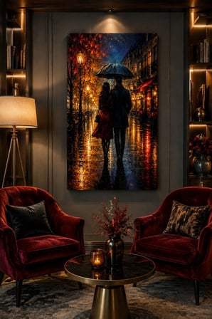 Yağmurlu Sokak Aşkı Baskılı Cam Tablo – Romantik Duvar Dekoru