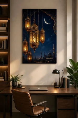 Ramazan Fenerleri Baskılı Cam Tablo – Hilal Motifli Dekoratif Duvar Tablosu